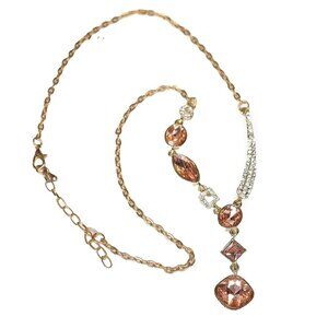 Gold Tone Pendant Necklace Rhinestone Pink Gems Asymmetrical Fashion Jewelry